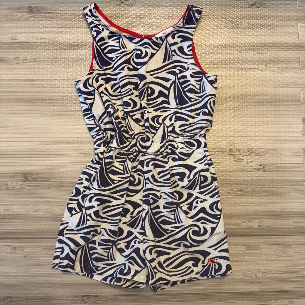 Vineyard Vines Romper Kids 18M Navy White Red Nautical Sailboat Wave Print